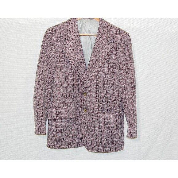 1970s Curlee Mens Blazer Burgundy Gray Geometric Disco Mod Vintage No Size READ - Picture 1 of 5